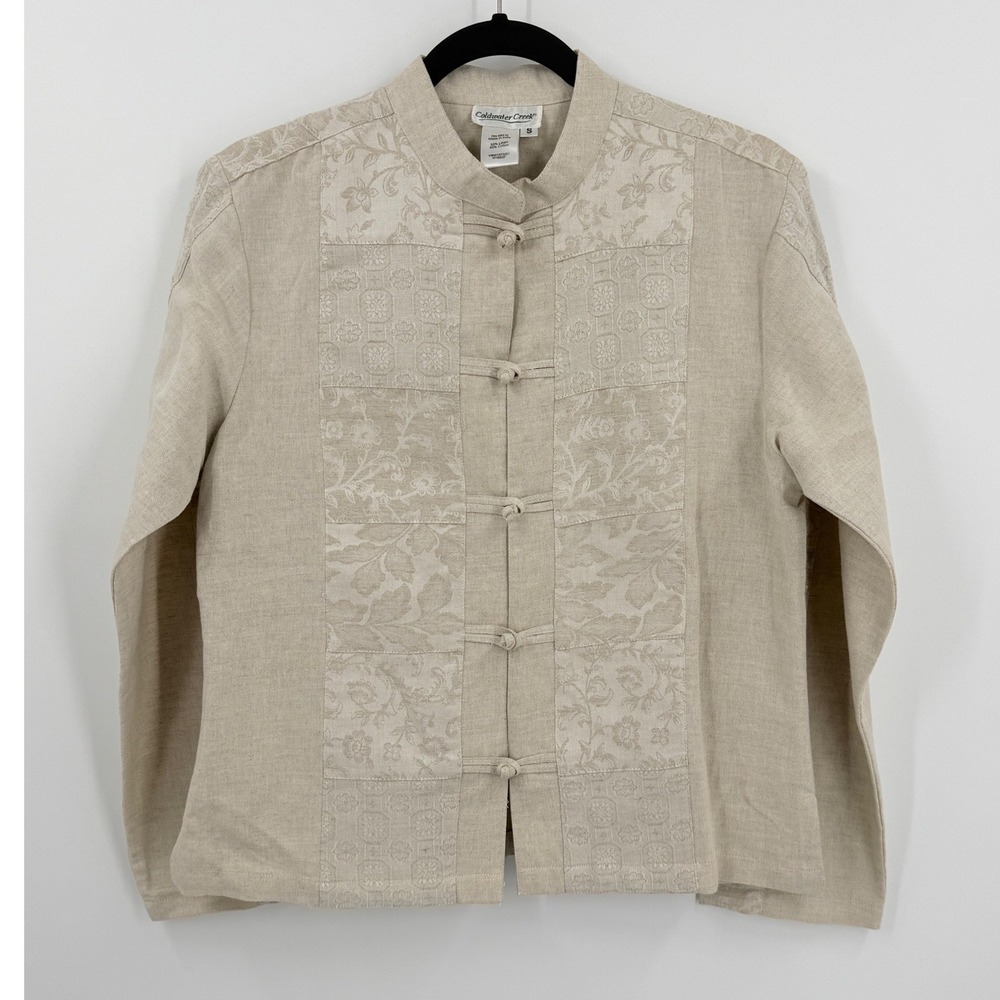 Asian Inspired Manderin Collar Embroidered Linen Jacket Womens sz S Frog Closure
